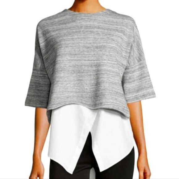 Derek Lam Sweatshirt Short Sleeve Gray Oversized‎ Boxy Cropped Knit Top Layer L - Picture 1 of 11